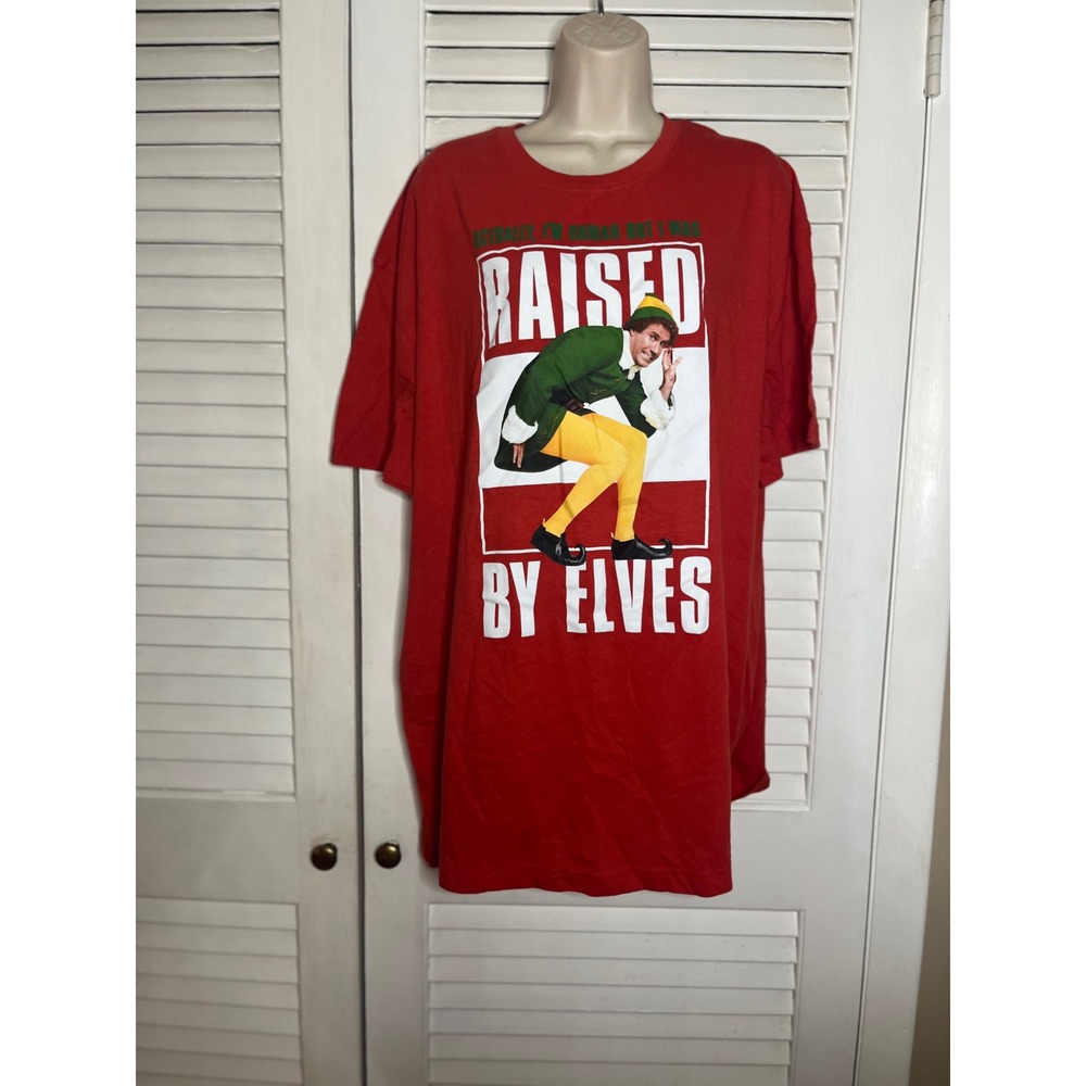 Elf Movie Graphic T-Shirt Actually I'm Human Raised By Elves Red XXL